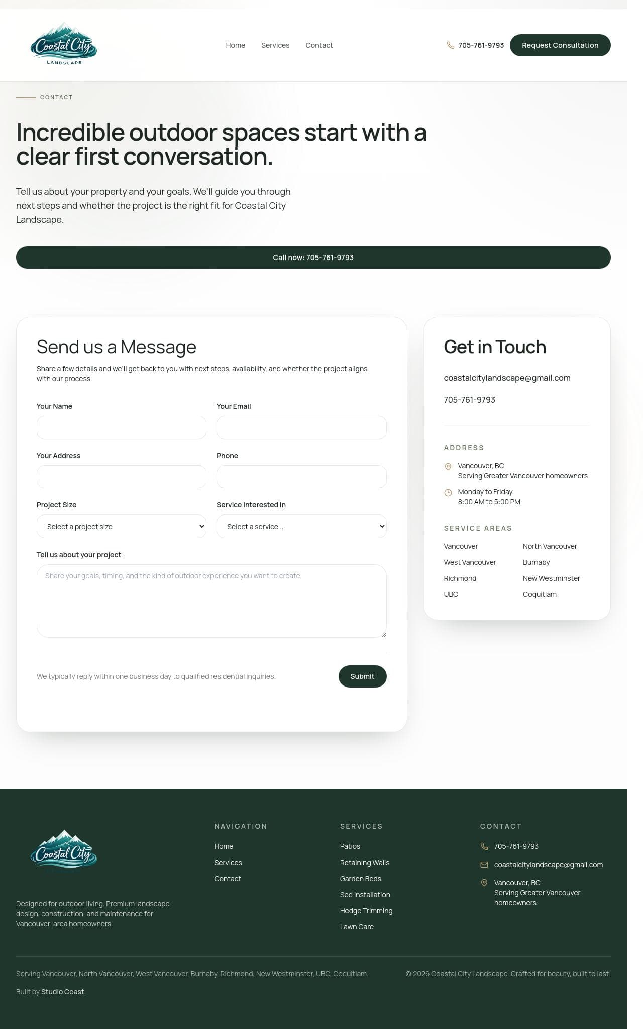 Full page contact screenshot for Coastal City Landscape