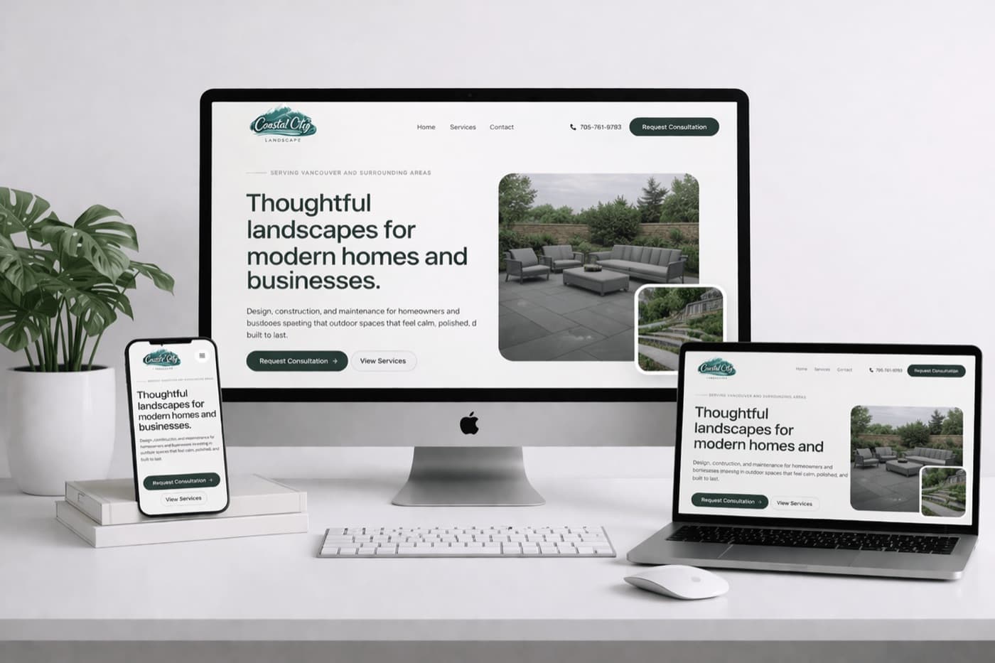 Coastal City Landscape website shown across multiple devices