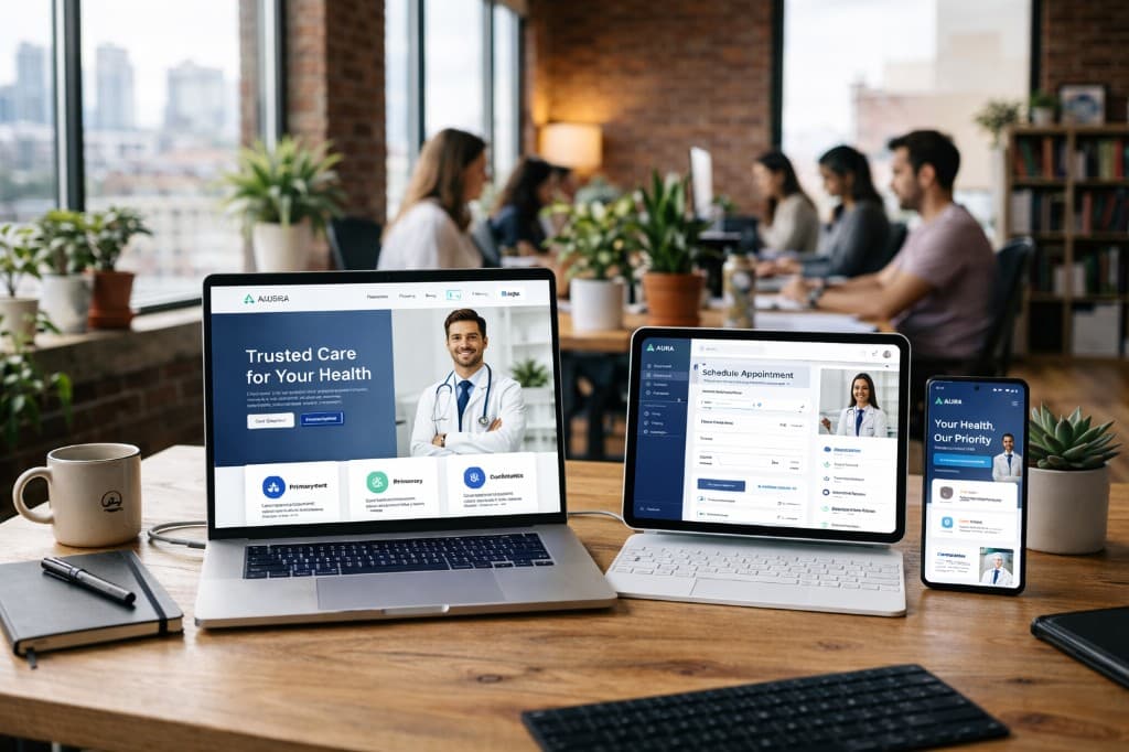 Responsive healthcare website shown across laptop, tablet, and mobile devices